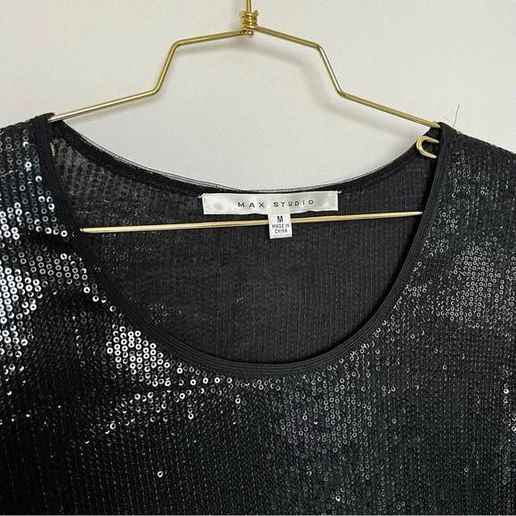 Max Studio Sequined Black Bouse Top Size Medium Short Sleeve - Picture 4 of 7